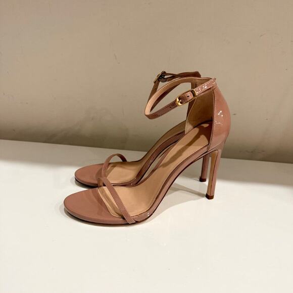 Stuart Weitzman Nudistsong Patent Leather Ankle Strap Heeled Sandals Tan US 7 - Picture 2 of 7
